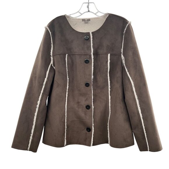 J.Jill Jackets & Blazers - J.Jill Faux Suede Coat Faux Fur Lining Button Up Brown/Cream Size Medium